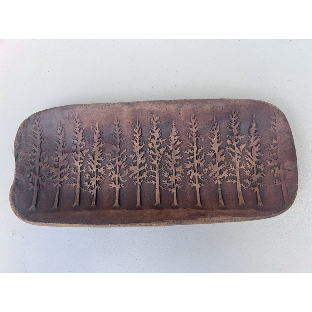 Handmade Studio Pottery Pine Tree Forest Tray Rustic Woodland Trinket Dish 9.25"